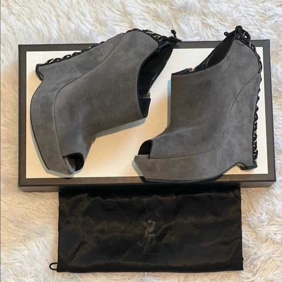YSL gray suede lace up back wedges - Picture 2 of 8